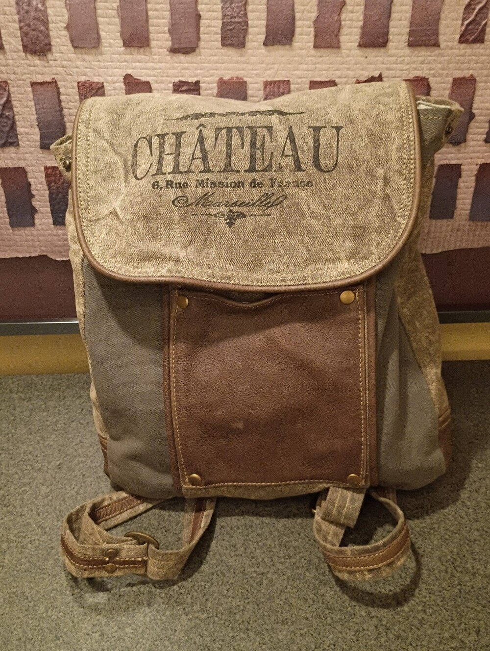 Myra Bag Gray Canvas Backpack with Brown Leather Pocket